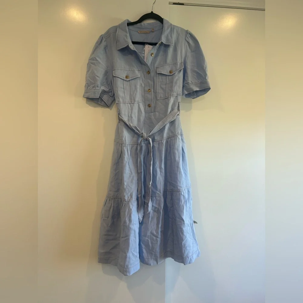 Soft Surroundings Light Wash Denim Utility Button Tiered Midi Dress Puff Sleeve - Picture 2 of 10